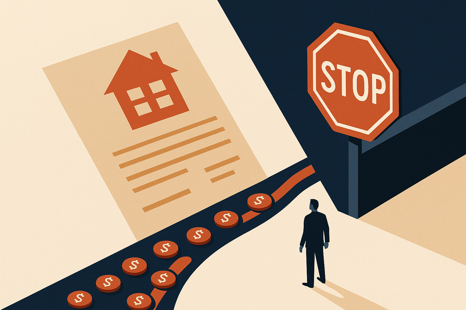 Editorial illustration for the article 'DFPI Issues Desist and Refrain Order Against Pied Piper Mortgage, LLC' about California Department of Financial Protection and Innovation.