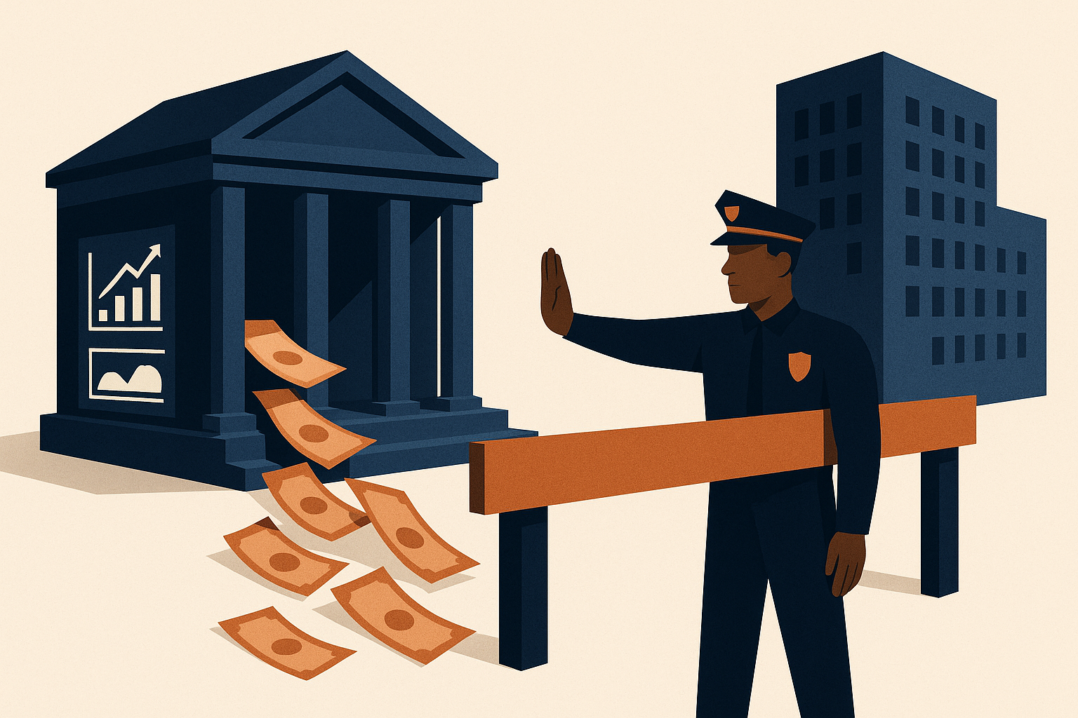 Editorial illustration for the article 'NewRez’s $15.5 Million Multistate LPI Settlement: What the Testing Requirements Reveal' about New York State Department of Financial Services.