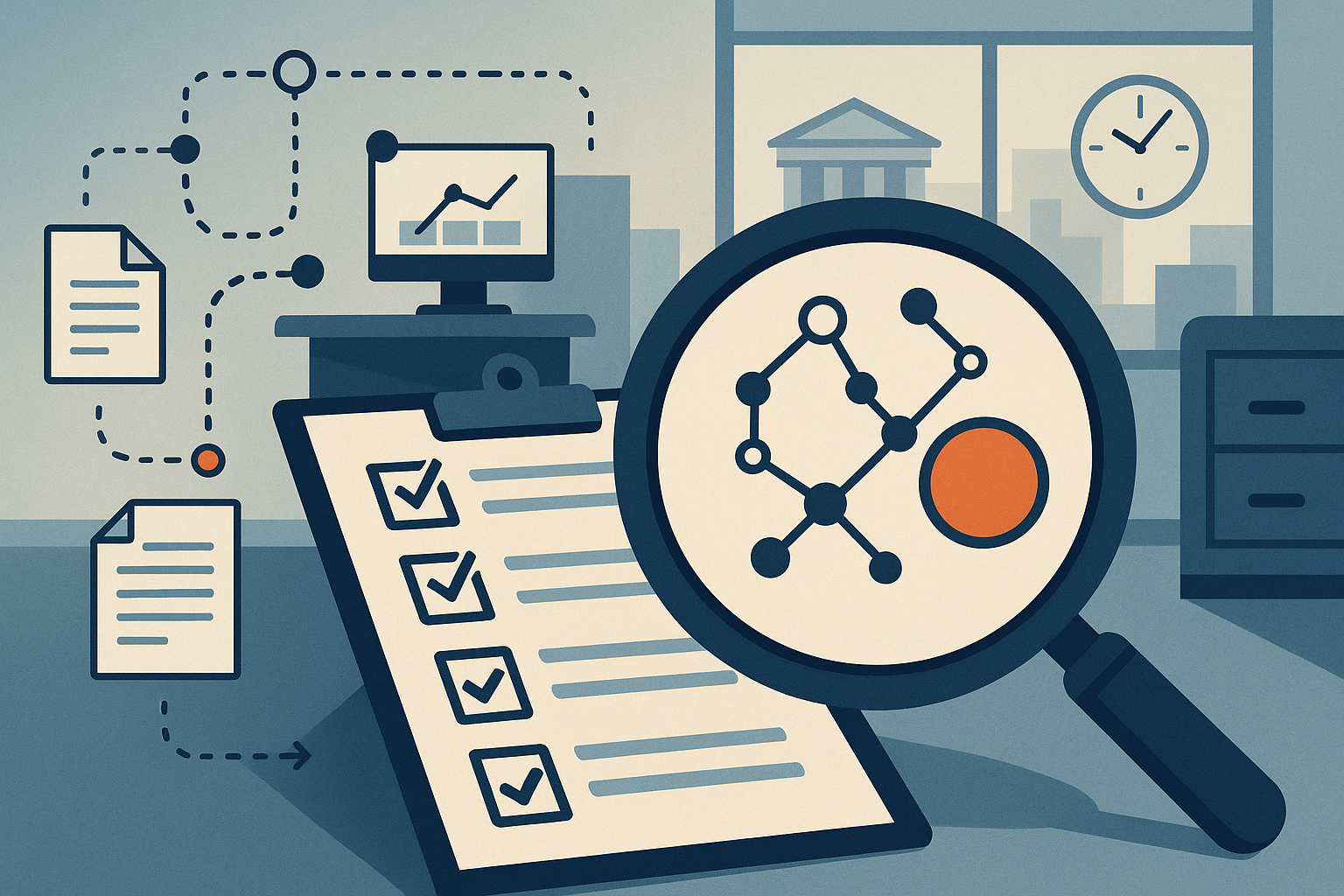 Editorial illustration for the article 'Understanding the NYDFS Cybersecurity Alert on N-central Vulnerability and Its Practical Compliance Testing Implications' about New York State Department of Financial Services.