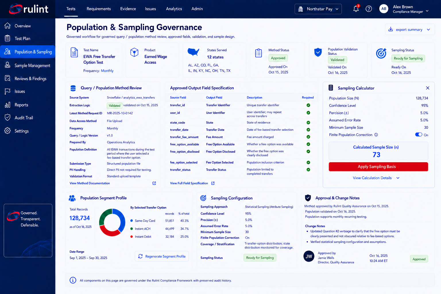 Rulint population and sampling governance example showing population validation, approved fields, sampling calculator, segment profile, and approvals
