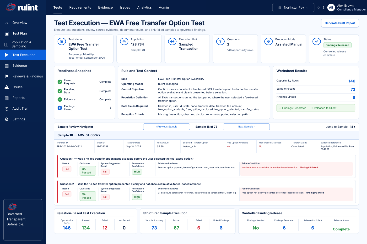 Rulint test execution example showing sample review, question-level results, evidence, QA status, failure conditions, and linked findings