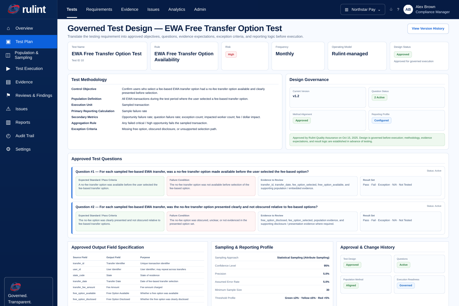 Rulint governed test design example showing methodology, approved questions, evidence expectations, sampling profile, and governance